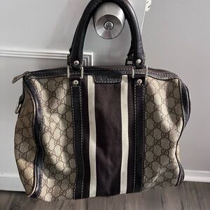 Gucci Beige Brown Monogram Satchel with Dark Brown Stripe